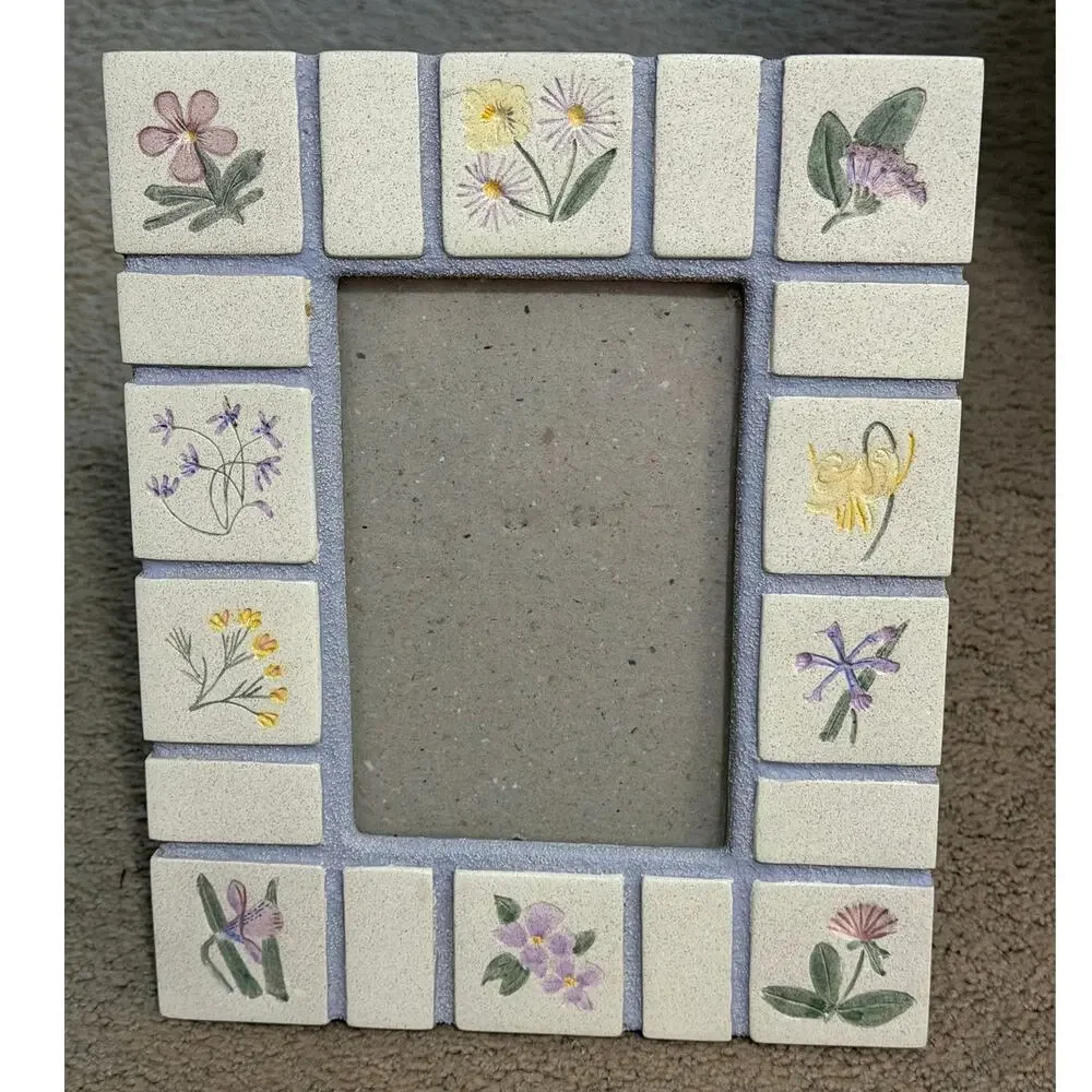 Hand Painted Flower Garden Tile Photo Picture Frame by Malden Int'l 5 x 7 Photo